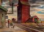 George Campbell Tinning's painting of the grain elevator near the railway station in Lorlie, SK