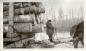 Hector McLeod hauling a sleigh of logs with the help of some horses at Sipanok Landing.