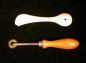 Bone hera and wooden handled brass tracing roller used by Sawae Nishikihama
