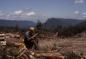 Overlooking Grand Lake, a logger pauses to sharpen his chainsaw, 1982.