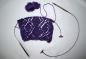 Purple knitted lace sample and circular needles