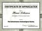 Certificate of Appreciation from the Saskatoon Archaeological Society